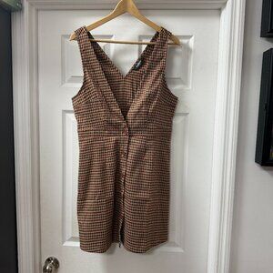 Allegra K v-neck pinafore sleeveless tan black red check houndstooth dress sz M